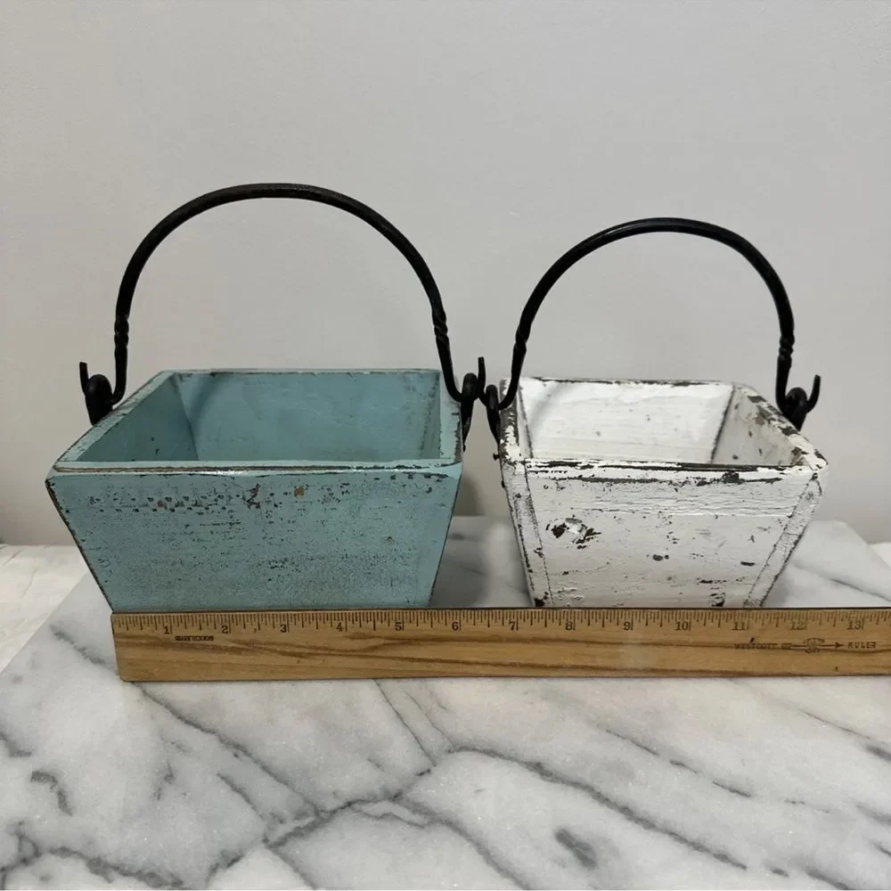 Antique wood buckets pails Rustic Metal Set of 2 - Blue and White